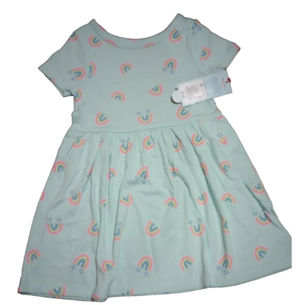 NWT Cat & Jack Girls 2T Mint Rainbow Dress – Short Sleeve Jersey Knit Pullover